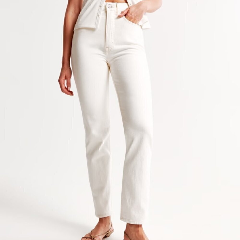 Abercrombie & Fitch The Ankle Straight Ultra High Rise Cotton White Jeans Sz 35